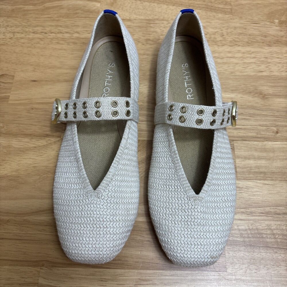 ROTHY’S The Max Buckle Mary Jane Shoes Size 9.5 Cream/Off White Mesh Balletcore